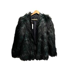 Balmain x H&M Black & Green Leather Trim Faux Fur Belted Women's Jacket Size 8